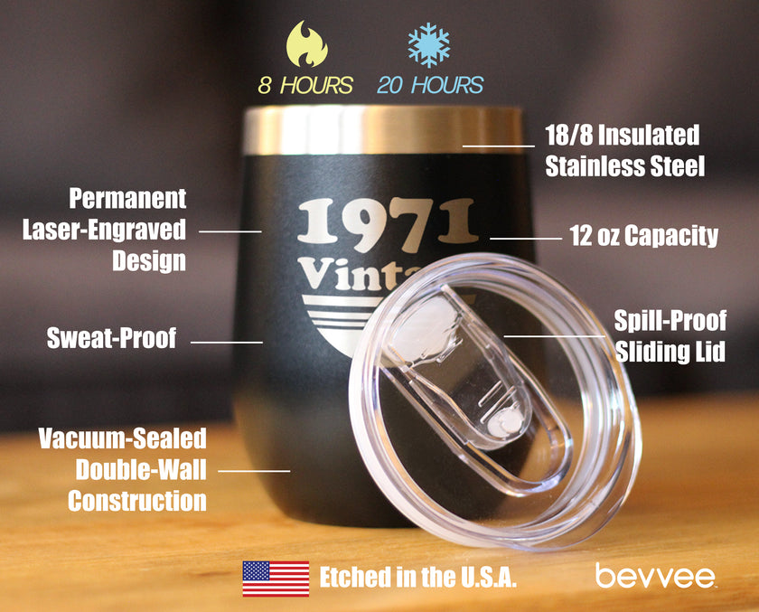 Vintage 1971 - Insulated Wine Tumbler Glass with Sliding Lid - Cute Funny 55th Birthday Gift for Women or Men Turning 55