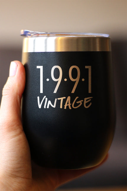 Vintage 1991 - Insulated Wine Tumbler Glass with Sliding Lid - Cute Funny 35th Birthday Gift for Women or Men Turning 35