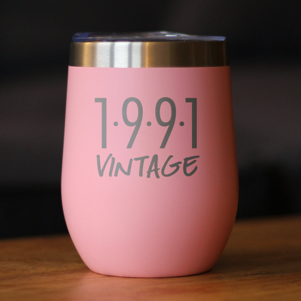 Vintage 1991 - Insulated Wine Tumbler Glass with Sliding Lid - Cute Funny 33rd Birthday Gift for Women or Men Turning 33