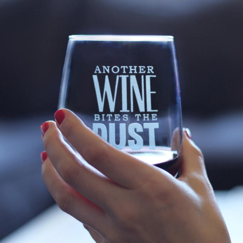 Bites the Dust – Cute Funny Stemless Wine Glass, Large Glasses, Etched Sayings, Gift Box