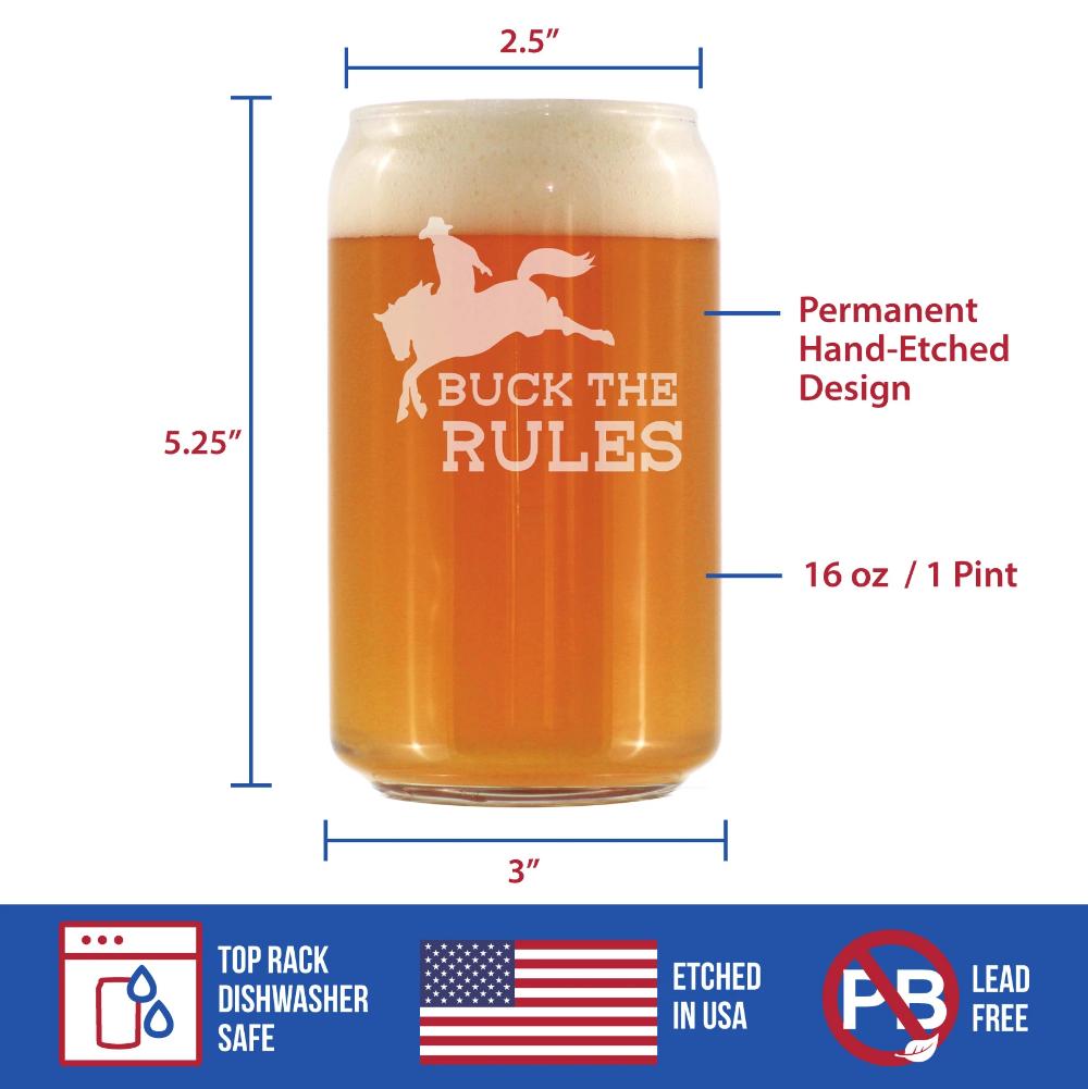 Buck the Rules - Funny Horse Beer Can Pint Glass Gifts for Men &amp; Women - Fun Unique Equestrian Decor