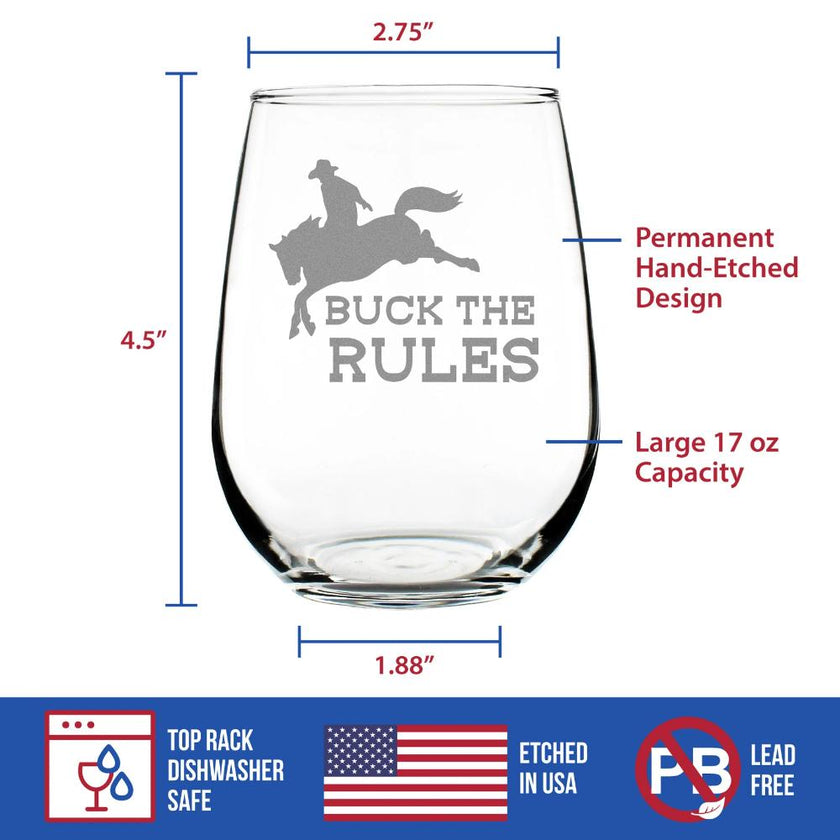 Buck the Rules - Funny Horse Stemless Wine Glass for Women & Men - Cute Funny Bday Glasses for Lovers of Horses
