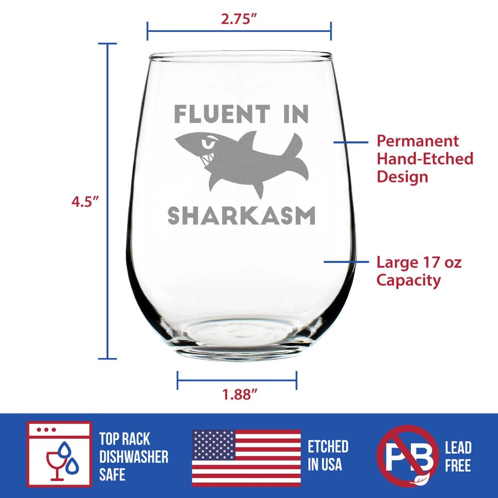 Fluent in Sharkasm - Shark Stemless Wine Glass Gifts for Sarcastic Mom or Dad Joke Experts - Funny Glasses with Sayings for Drinking - Large 17 Ounce