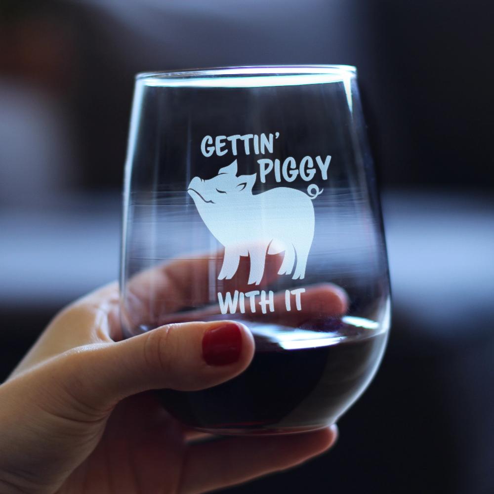 Gettin&#39; Piggy With It - Cute Funny Stemless Wine Glass - Pig Decor Gifts for Lovers of Swine and Wine - Large 17 oz Glasses