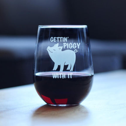 Gettin' Piggy With It - Cute Funny Stemless Wine Glass - Pig Decor Gifts for Lovers of Swine and Wine - Large 17 oz Glasses