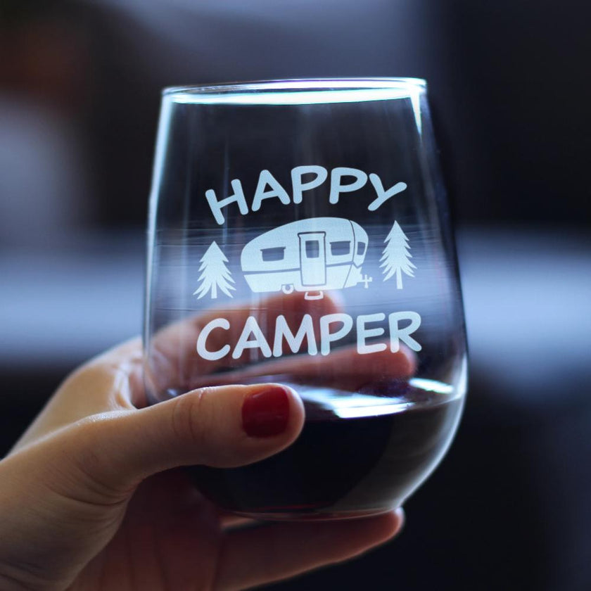 Happy Camper - Funny Stemless Wine Glass - Cute Camping Gifts - Large Glasses - Fun RV Accessories for Women and Men