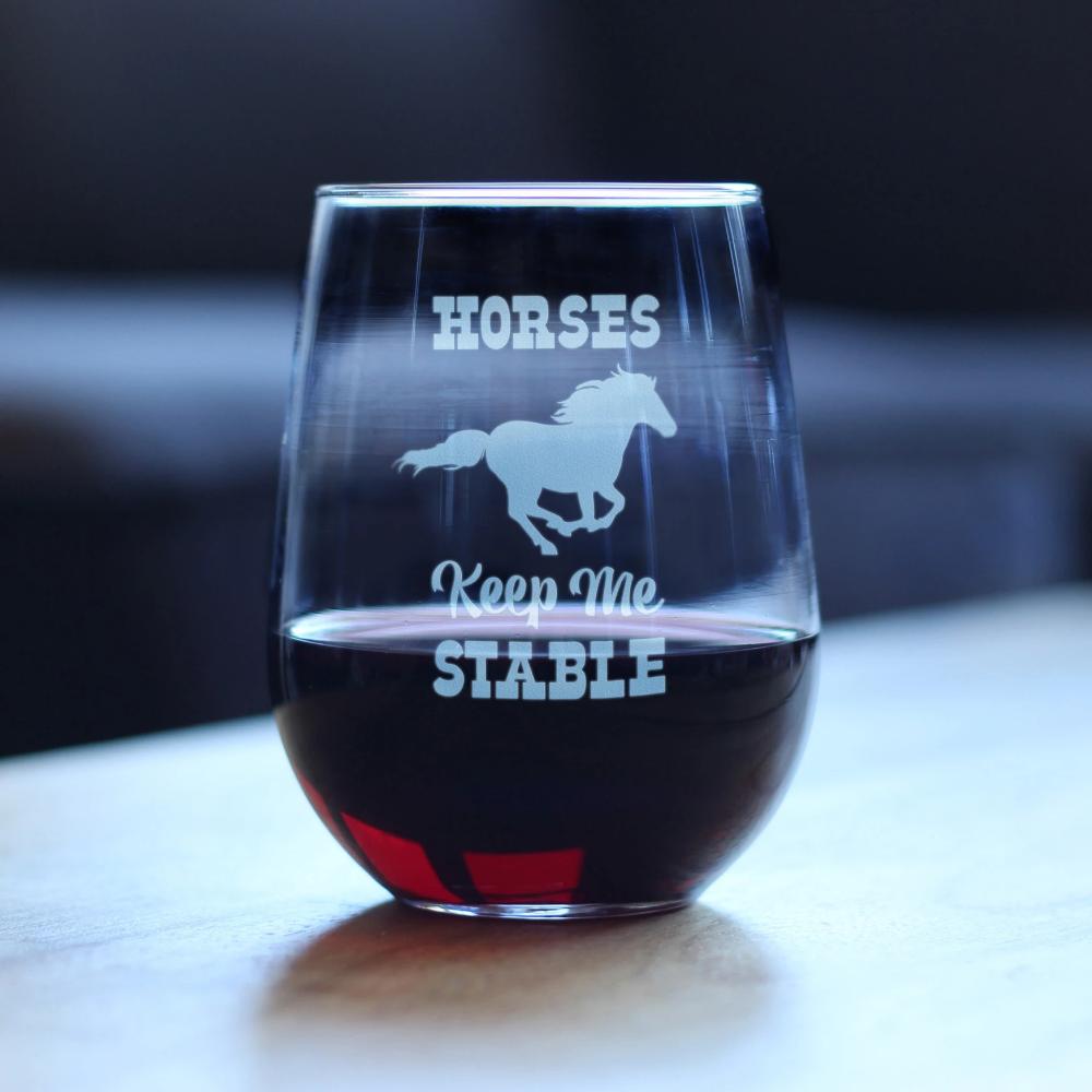 Horses Keep Me Stable – Cute Funny Stemless Wine Glass, Large 17 Ounces, Etched Sayings, Gift Box