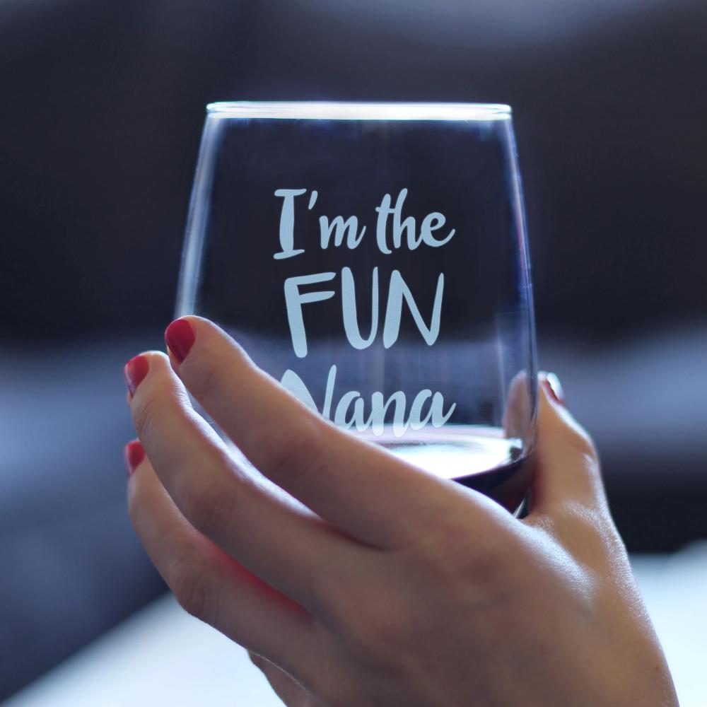 Fun Nana - Cute Funny Stemless Wine Glass, Large Glasses, Etched Sayings, Gift Box