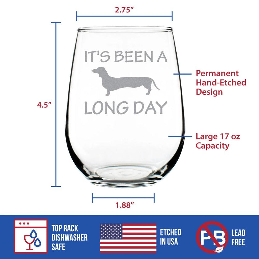 Long Day – Cute Funny Dachshund Stemless Wine Glass, Large Glasses, Etched Sayings, Gift Box
