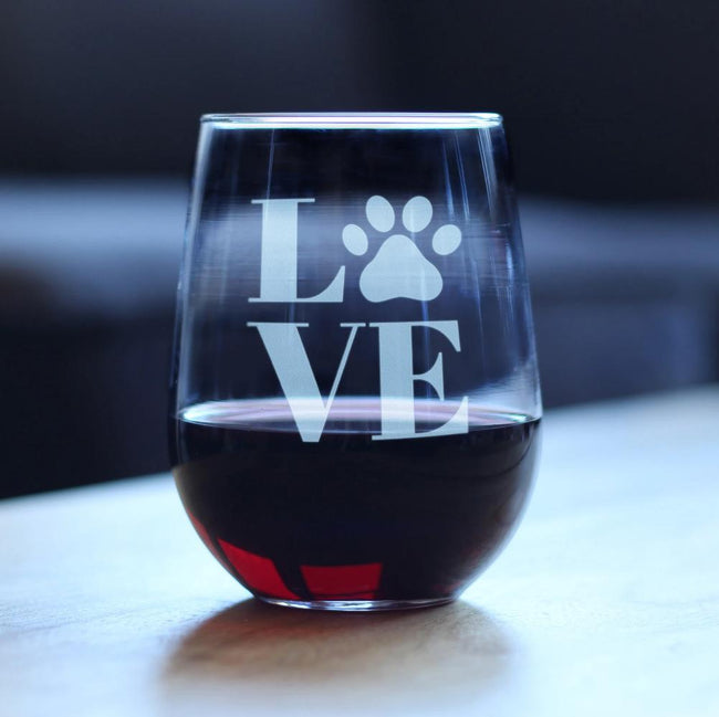 LOVE Paw – Cute Stemless Wine Glass for Dog & Cat Moms, Large 17 Ounces, Etched Sayings, Gift Box