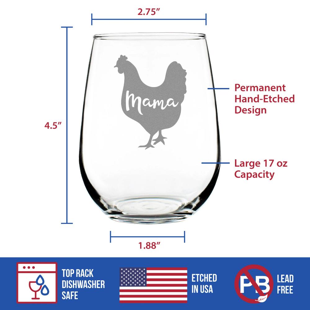 Mama Hen - Stemless Wine Glass for Mom - Cute Funny Wine Gift Idea - Unique Personalized Glasses for Mother's Day or Birthday