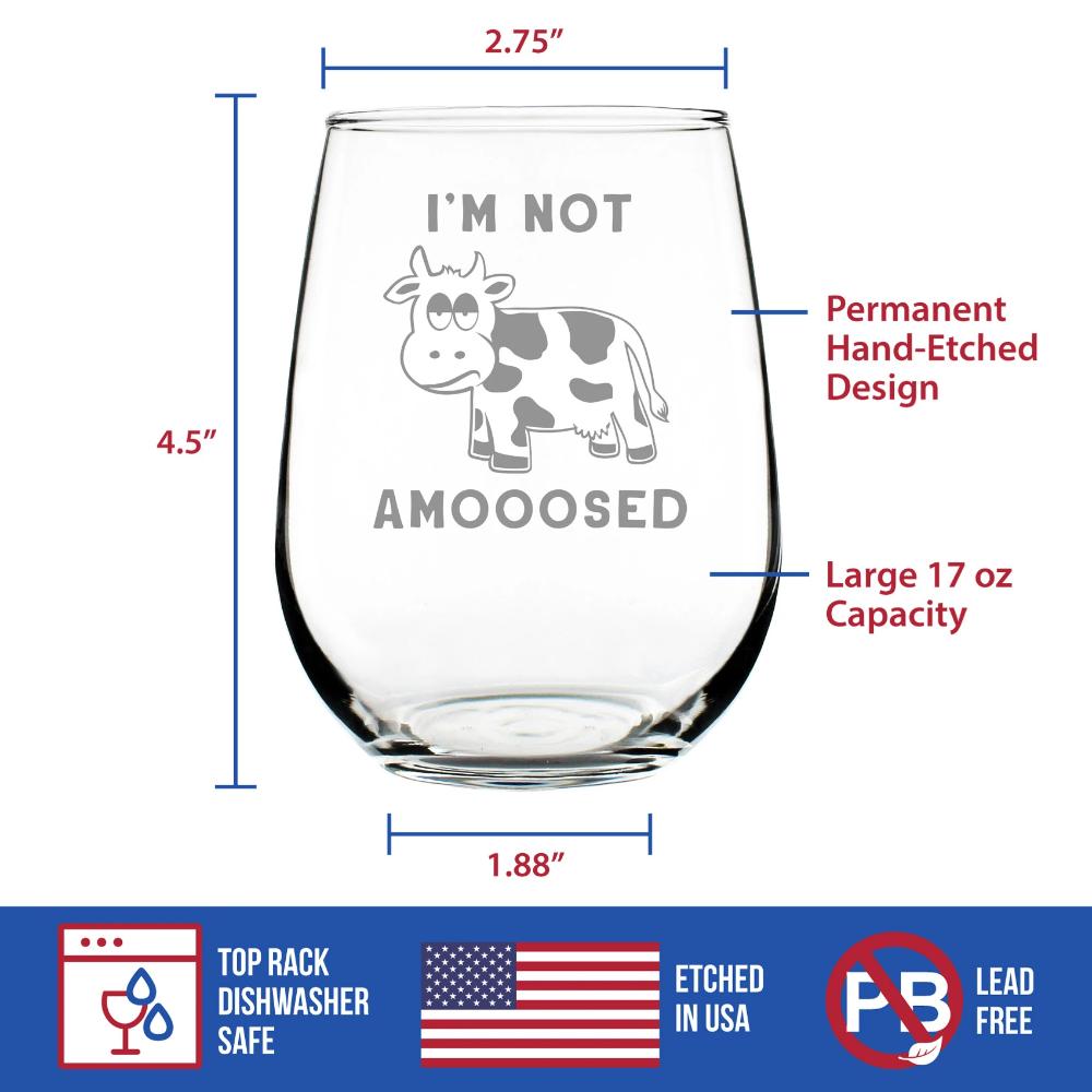 Not Amooosed - Cow Stemless Wine Glass - Cute Funny Cow Gifts and Home Decor - Large Glasses