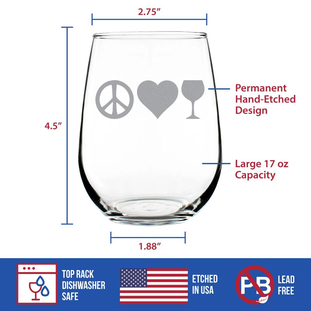 Peace Love Wine – Cute Funny Stemless Wine Glass, Large 17 Ounces, Etched Sayings, Gift Box