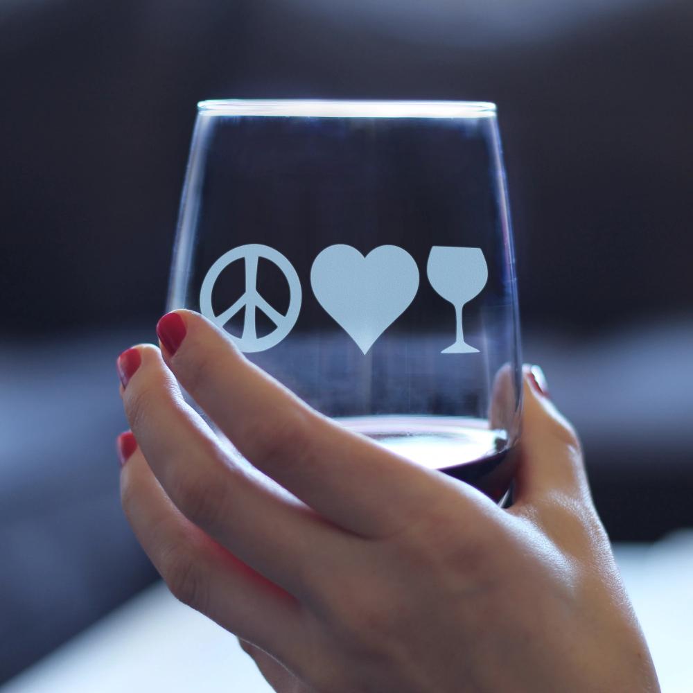 Peace Love Wine – Cute Funny Stemless Wine Glass, Large 17 Ounces, Etched Sayings, Gift Box