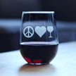 Peace Love Wine – Cute Funny Stemless Wine Glass, Large 17 Ounces, Etched Sayings, Gift Box