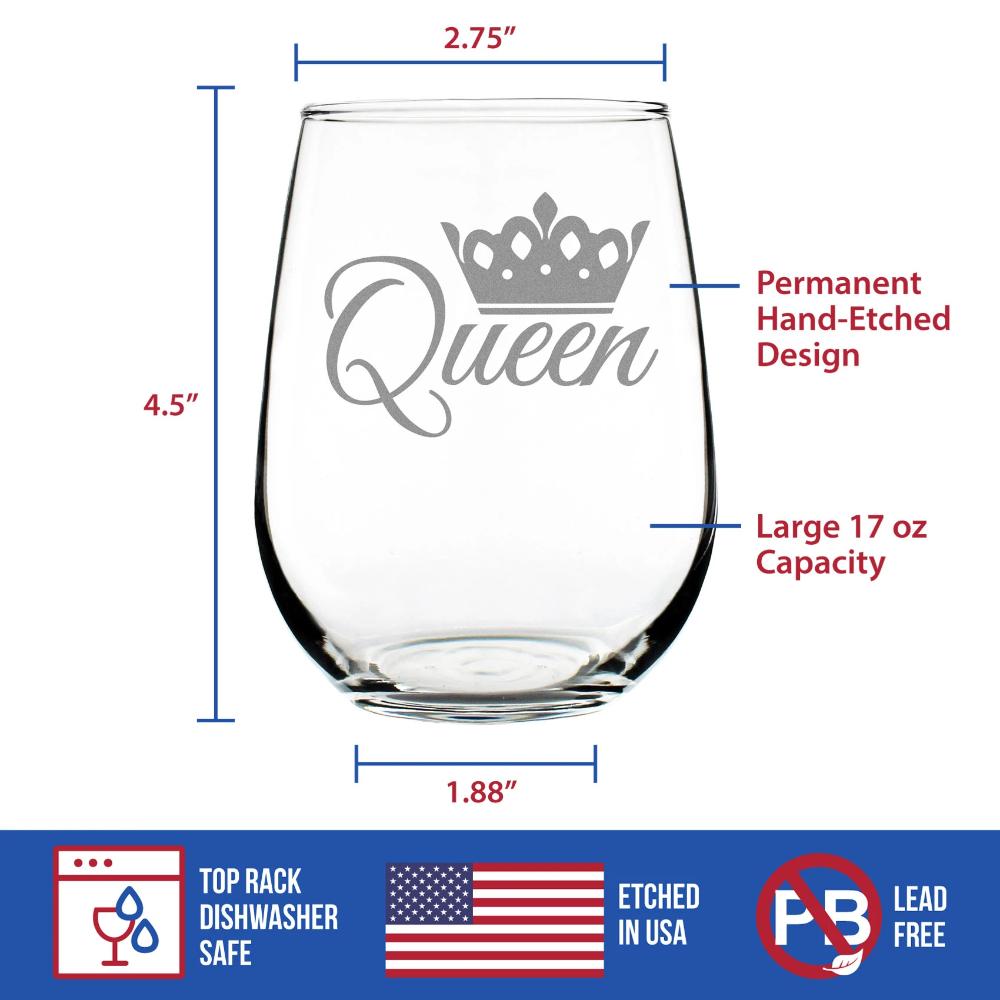 Queen – Cute Funny Stemless Wine Glass, Large Glasses, Etched Sayings, Gift Box