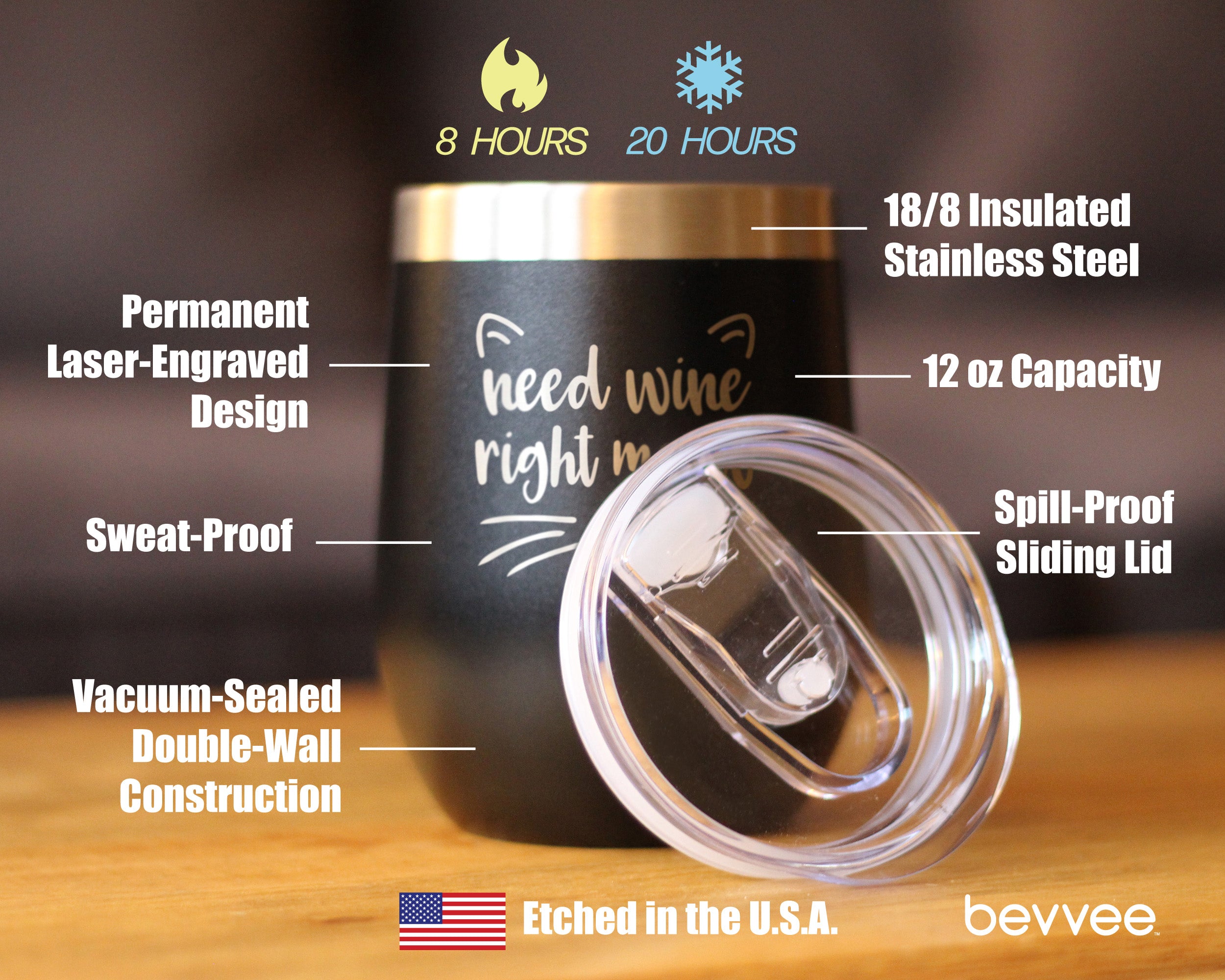 Need Wine Right Meow - Cat Wine Tumbler Glass with Sliding Lid - Stemless Stainless Steel Insulated Cup - Funny Cute Gifts