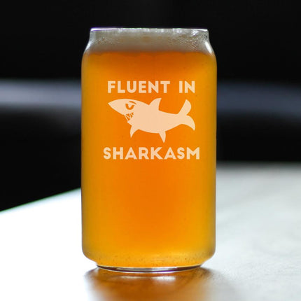 Fluent in Sharkasm - Funny Shark Beer Can Pint Glass Gifts for Men & Women - Fun Unique Sharks Decor