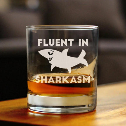 Fluent in Sharkasm - Funny Shark Whiskey Rocks Glass Gifts for Sarcastic Men & Women - Fun Whisky Drinking Tumbler Décor