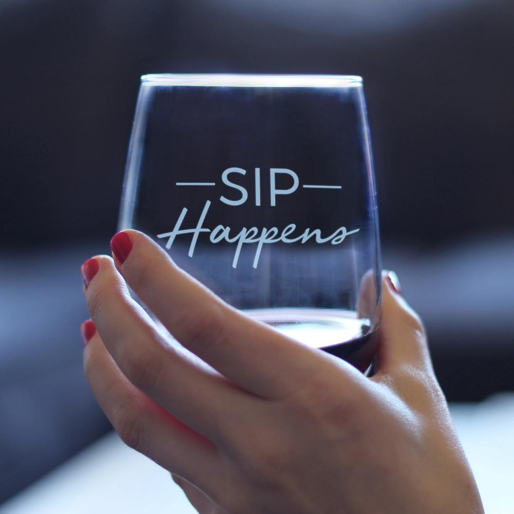 Sip Happens – Cute Funny Wine Stemless Glass, Large 17 Ounces, Etched Sayings, Gift Box