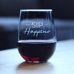 Sip Happens – Cute Funny Wine Stemless Glass, Large 17 Ounces, Etched Sayings, Gift Box