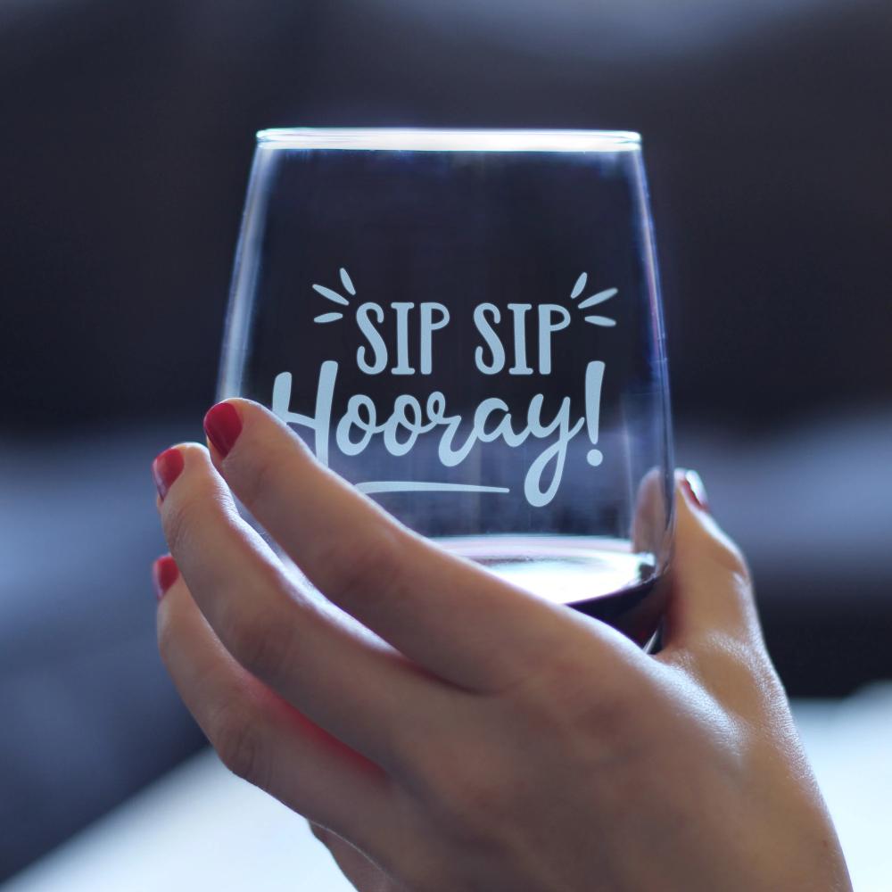Sip Sip Hooray – Cute Funny Wine Stemless Glass, Large 17 Ounces, Etched Sayings, Gift Box