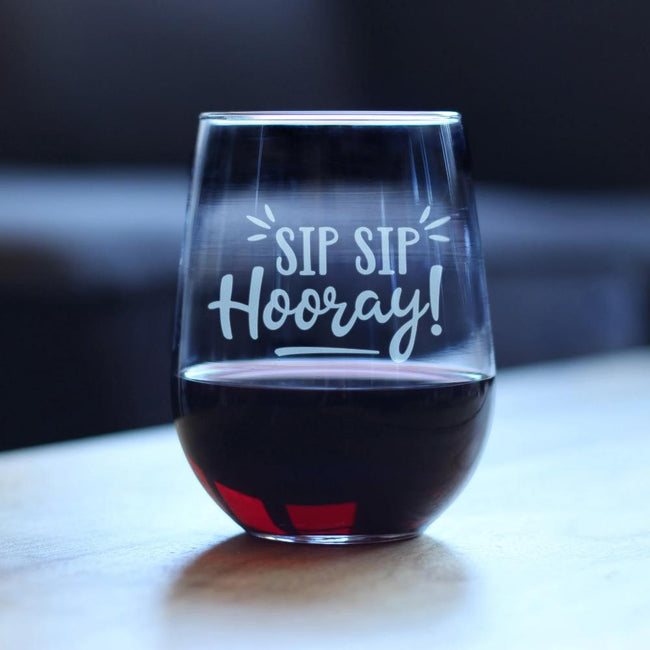 Sip Sip Hooray – Cute Funny Wine Stemless Glass, Large 17 Ounces, Etched Sayings, Gift Box