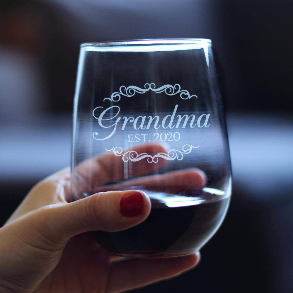 Grandma Est 2020 - New Grandmother Stemless Wine Glass Gift for First Time Grandparents - Decorative 17 Oz Large Glasses