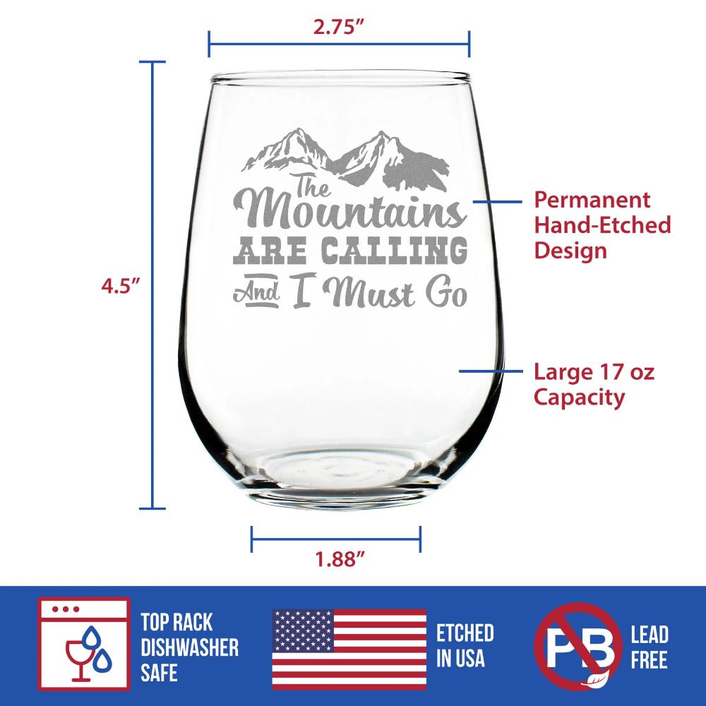 Mountains Are Calling – Cute Funny Stemless Wine Glass, Large 17 Ounces, Etched Sayings, Gift Box