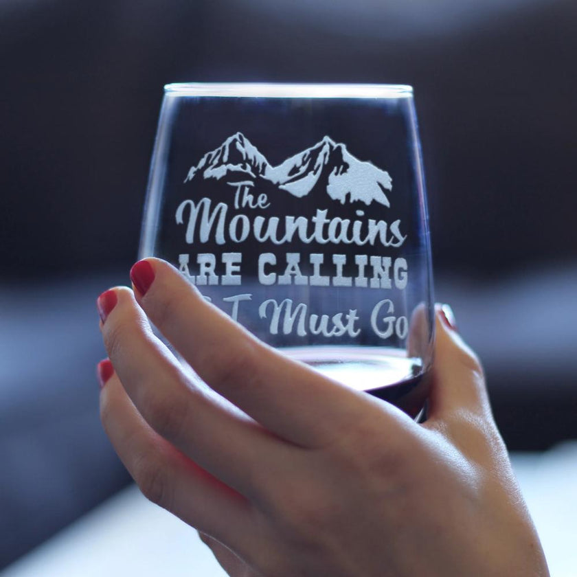 Mountains Are Calling – Cute Funny Stemless Wine Glass, Large 17 Ounces, Etched Sayings, Gift Box
