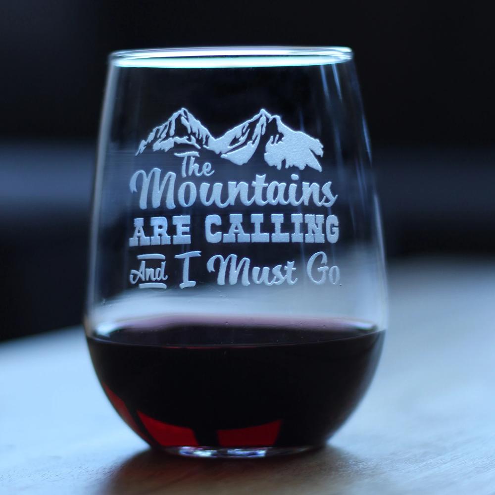 Mountains Are Calling – Cute Funny Stemless Wine Glass, Large 17 Ounces, Etched Sayings, Gift Box