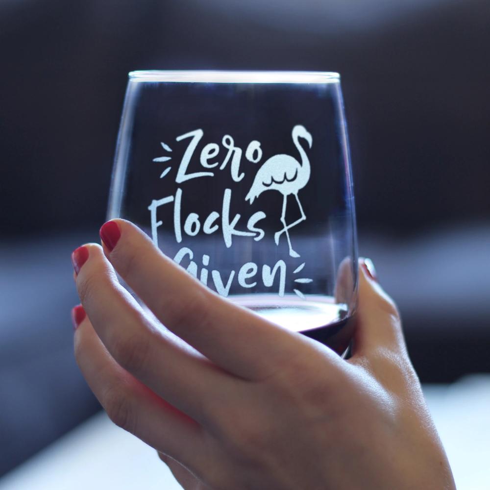 Zero Flocks Given – Cute Funny Flamingo Stemless Wine Glass, Large 17 Ounce, Etched Sayings, Gift Box