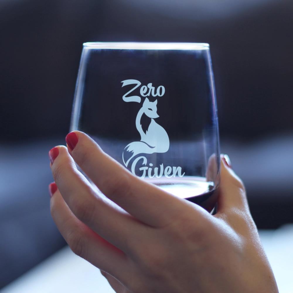 Zero Fox Given – Cute Funny Stemless Wine Glass, Large 17 Ounce, Etched Sayings, Gift Box