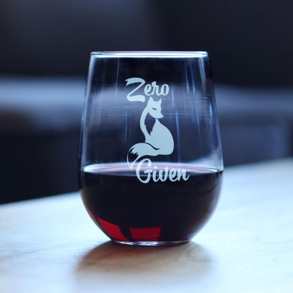 Zero Fox Given – Cute Funny Stemless Wine Glass, Large 17 Ounce, Etched Sayings, Gift Box